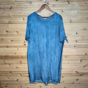 John Mark Womens XL Blue Lyocell Denim Look Lace Up Back Shift Dress Frayed Hem